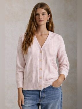 Quince 100% Organic Cotton Cardigan Sweater Blush Pink Ribbed Quiet Luxury Sz L